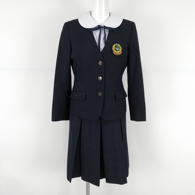 1円 イートン ベスト チェックスカート 紐タイ 等 上下5点セット 指定 160A 冬物 長袖 神奈川東海大学付属相模高校 紺 中古 ランクB EY5124_1