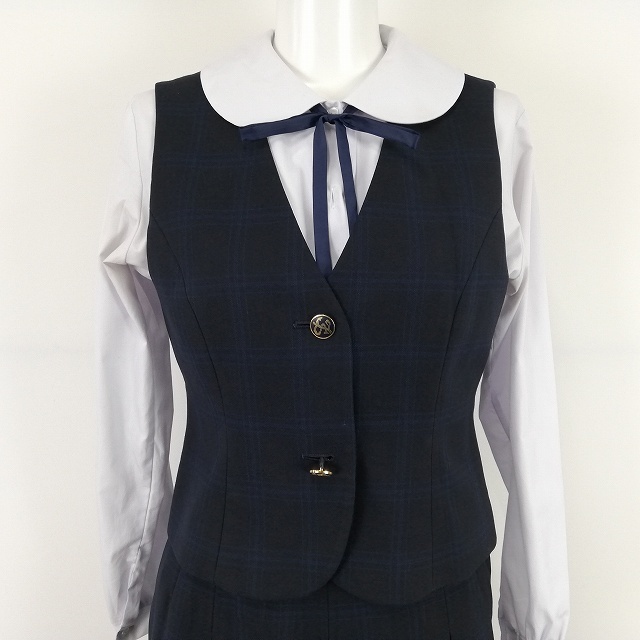1円 イートン ベスト チェックスカート 紐タイ 等 上下5点セット 指定 160A 冬物 長袖 神奈川東海大学付属相模高校 紺 中古 ランクB EY5124_6