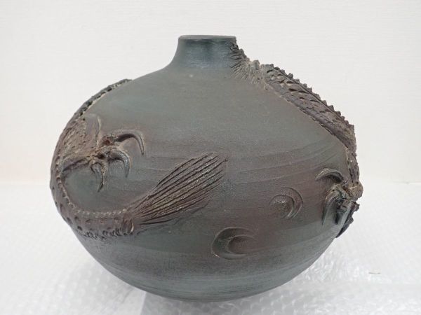 ☆営MR229-100 唐津焼 庄穂作 龍巻花瓶・花入・花器 直径34㎝・高さ25