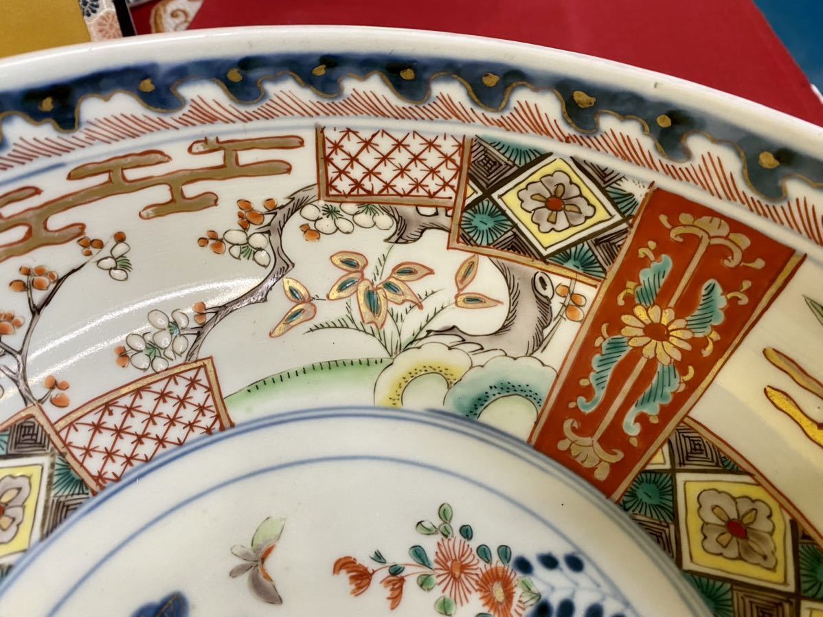 古伊万里 渦福 色絵 大鉢 約25㎝ 見込みに花蝶 窓絵 花鳥文 手描き