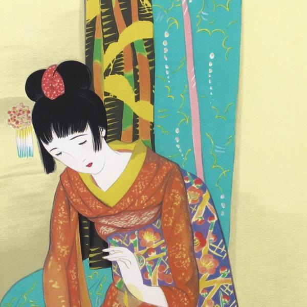 真作】【WISH】竹久夢二 木版画 15号大 大作 美人画 〇夢二式美人画で