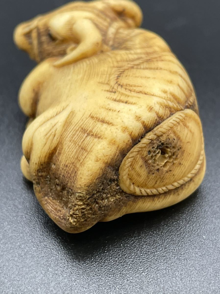 時代物 古骨彫 水牛 古根付 骨根付