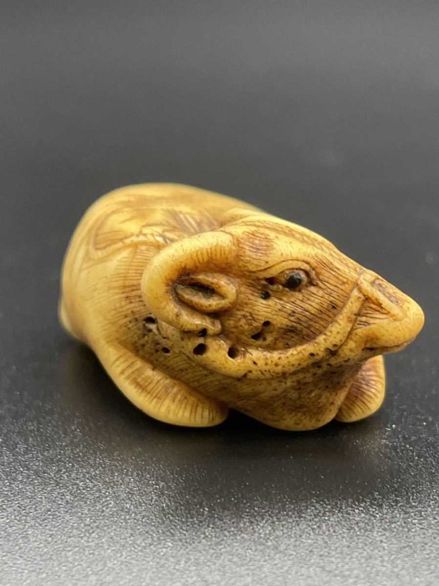 時代物 古骨彫 水牛 古根付 骨根付