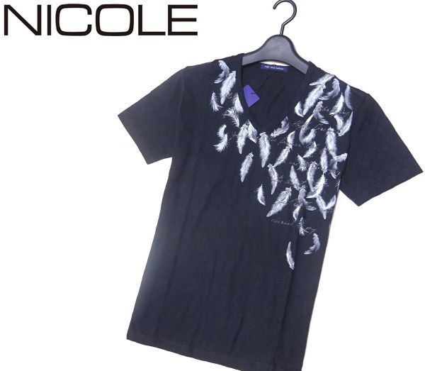 新品，新作登場 ニコル NICOLE Selection 日本製 半袖 Vネック アーガイル メッセージ フェザープリント カットソー 46 M BLK(柄もの)｜売買されたオークション情報、yahooの商品情報をアーカイブ公開 - オークファ Mサイズ