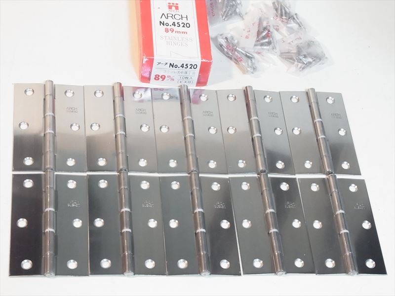 送料無料 ARCH(アーチ) ステンレス 中厚丁番 89㎜ 10枚入り ビス付き カラー/仕上：光沢研磨 リング有 箱は付きません