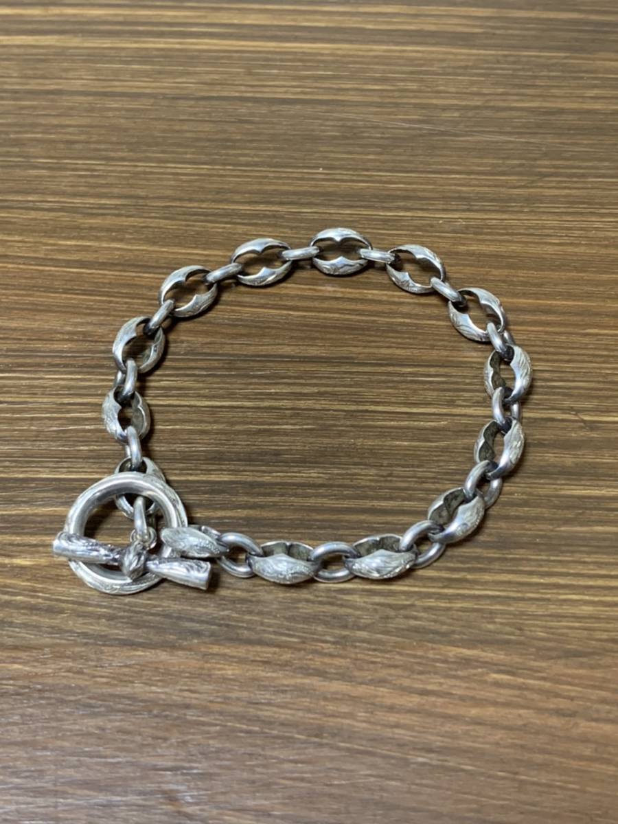 美品☆[Lono] 手彫り 波×リーフ リンクチェーン シルバーブレスレット 