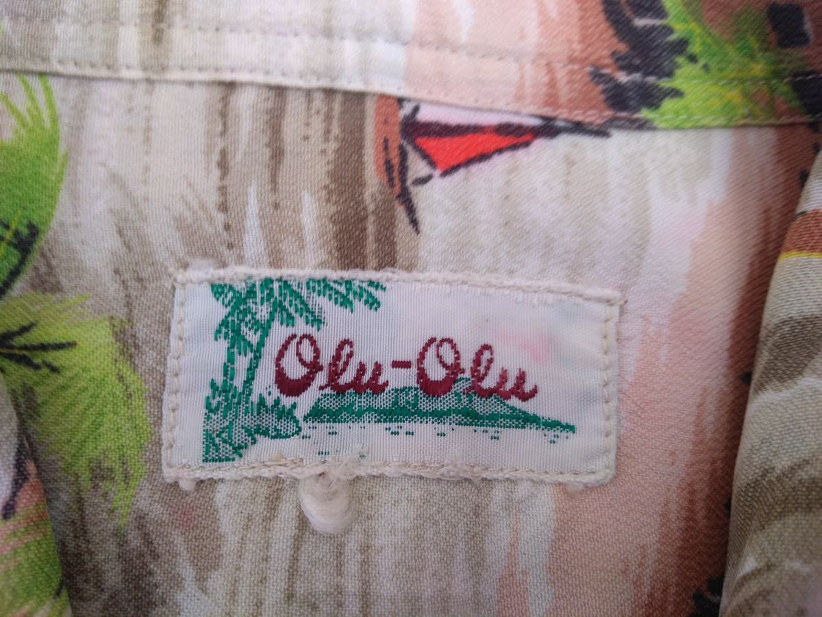 50s vintage Olu-Olu 縮緬レーヨン メニュー柄 オープンカラー 半袖 