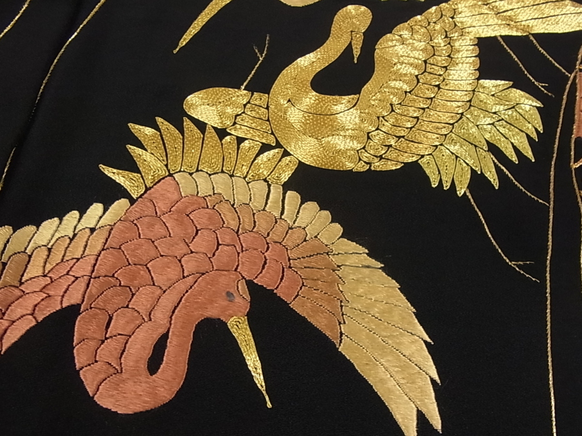 花美人着物□豪華黒留袖 駒刺繍 総刺繍 几帳飛鶴吉祥花文 金糸 仮絵羽
