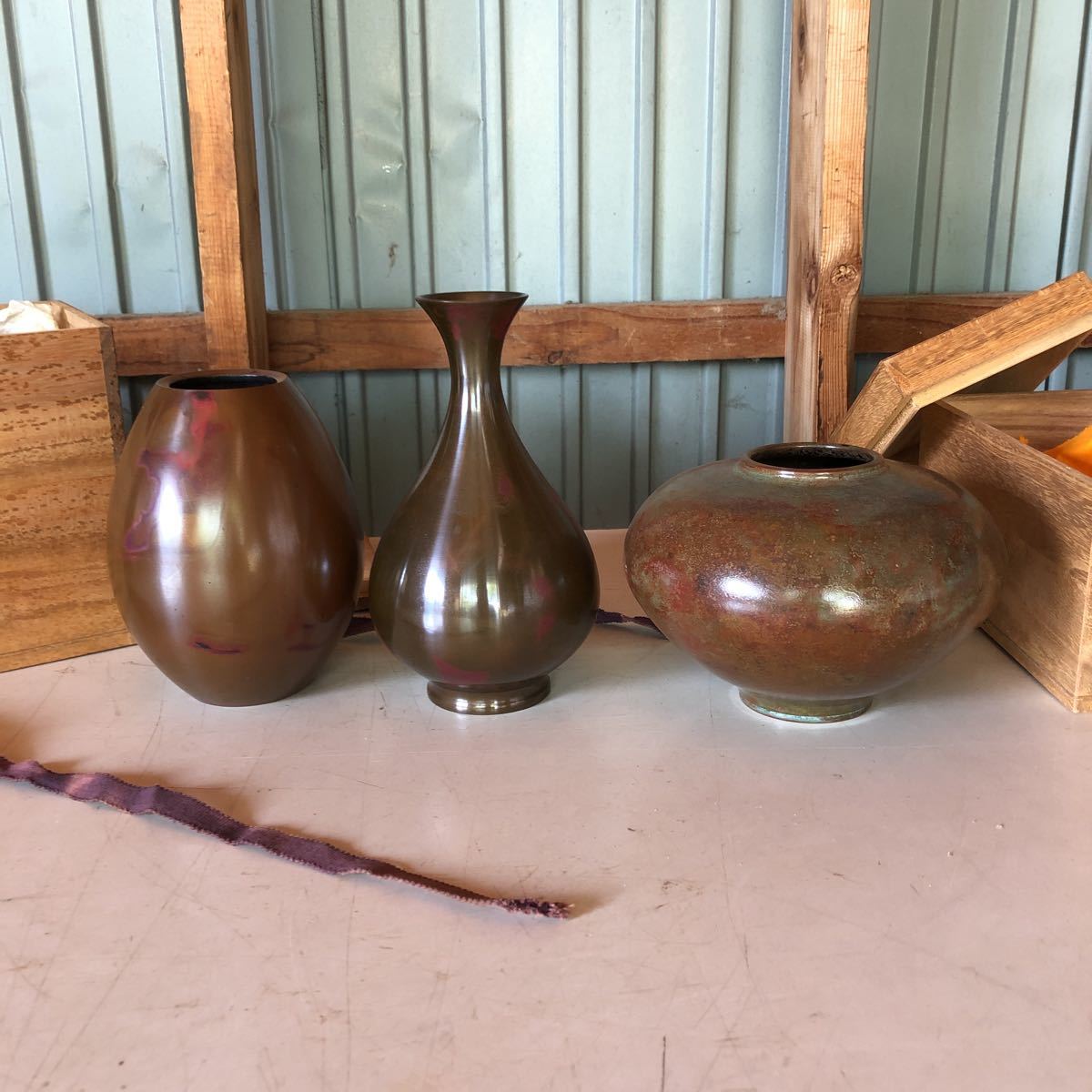山形 花器 ブロンズ 花入 共箱 三種 青銅花器 花入れ 高岡銅器 保寿堂