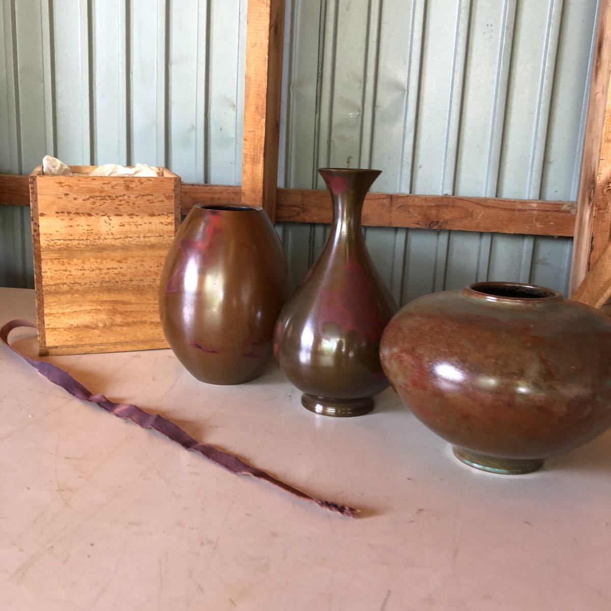 山形 花器 ブロンズ 花入 共箱 三種 青銅花器 花入れ 高岡銅器 保寿堂