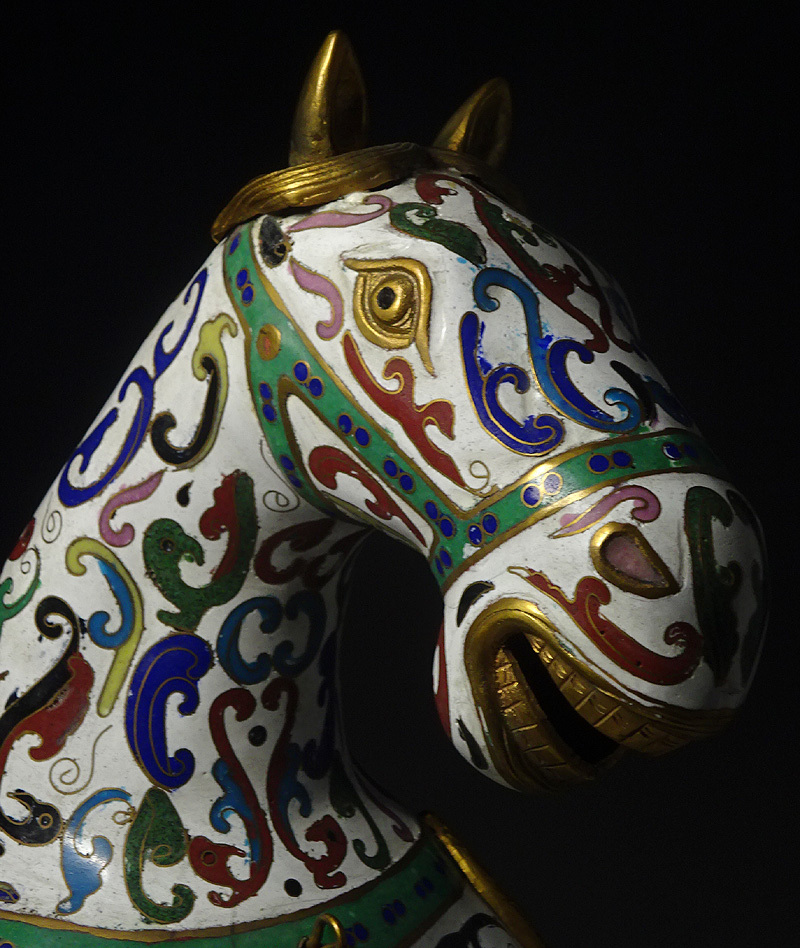 緑屋i□ 中国古玩 胎銅七宝 特大 馬 置物 香炉 饕餮紋 高約44cm 唐物