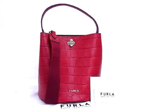 1円 □極美品□ FURLA フルラ クロコダイル型押しレザー 2WAY ワン 