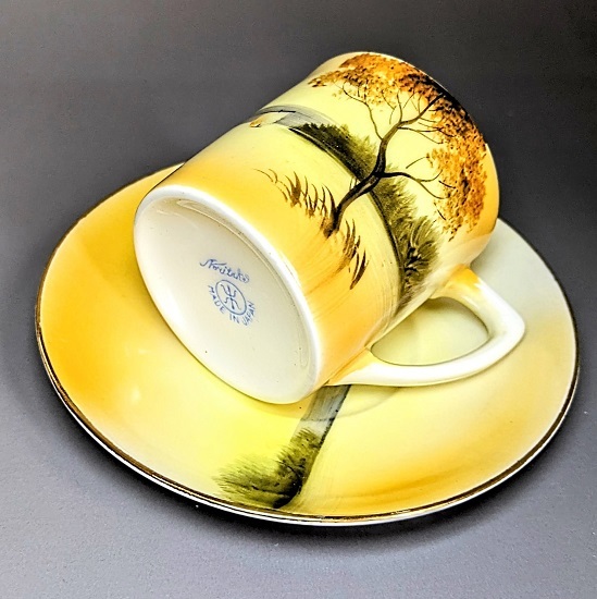 オールドノリタケ カップ＆ソーサー 金彩金盛上湖畔風景白鳥図 有名