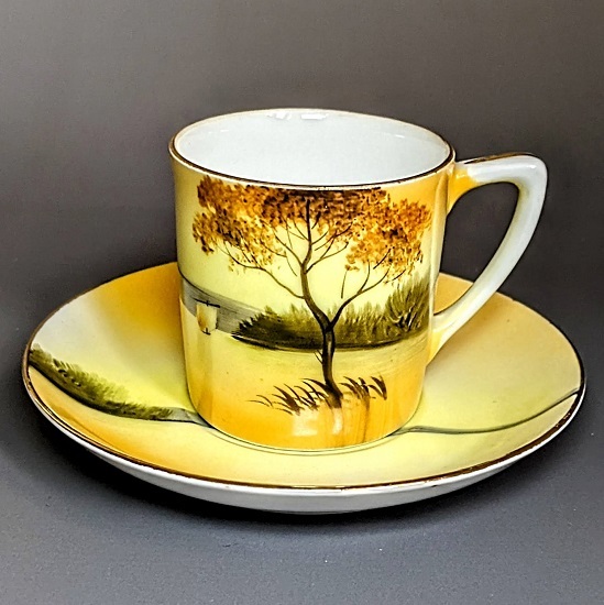 オールドノリタケ カップ＆ソーサー 金彩金盛上湖畔風景白鳥図 有名