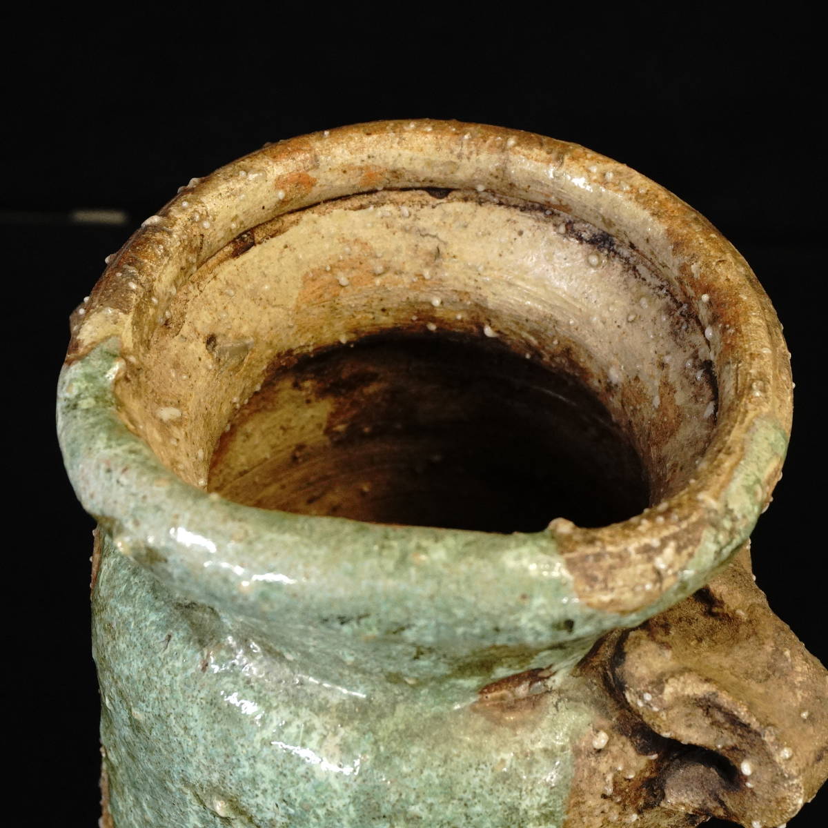 古伊賀 ビードロ自然釉 四耳大壺 47cm 壷 伊賀焼 時代物 古美術 骨董品 時代物 古伊賀 伊賀焼 ビードロ釉耳付花瓶 花器 骨董収集家 コレクター