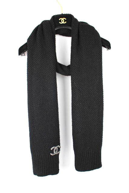 極美品 シャネル CHANEL ココマーク ウール ロングマフラー ブラック  