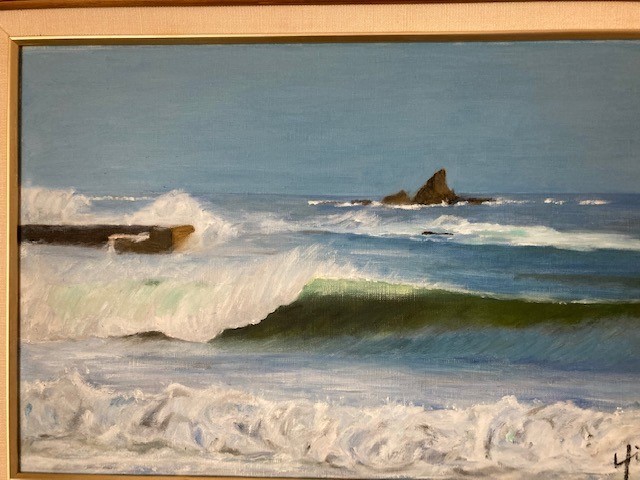 油絵＆額縁　M10サイズ　海 茅ケ崎西浜　サーフィン_2