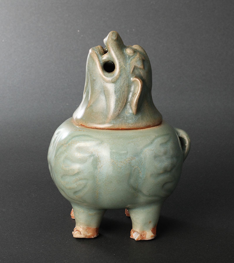 博物館展示品 来歴有 1357 宋時代 汝窯三足香炉 幅約13cm （検）青磁