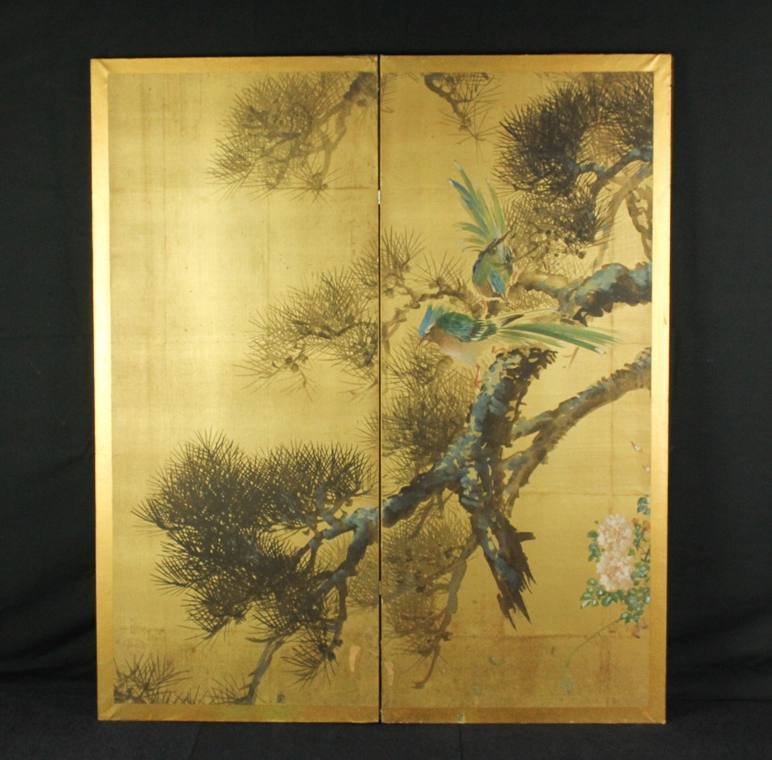 稀少 ヴィンテージ 花鳥図 鳥図 花図 落款 絹本 肉筆 掛軸 日本画 古美術 宙】圧巻 伊藤若冲 花鳥図 屏風二曲一隻 肉筆絹本 落款有 日本