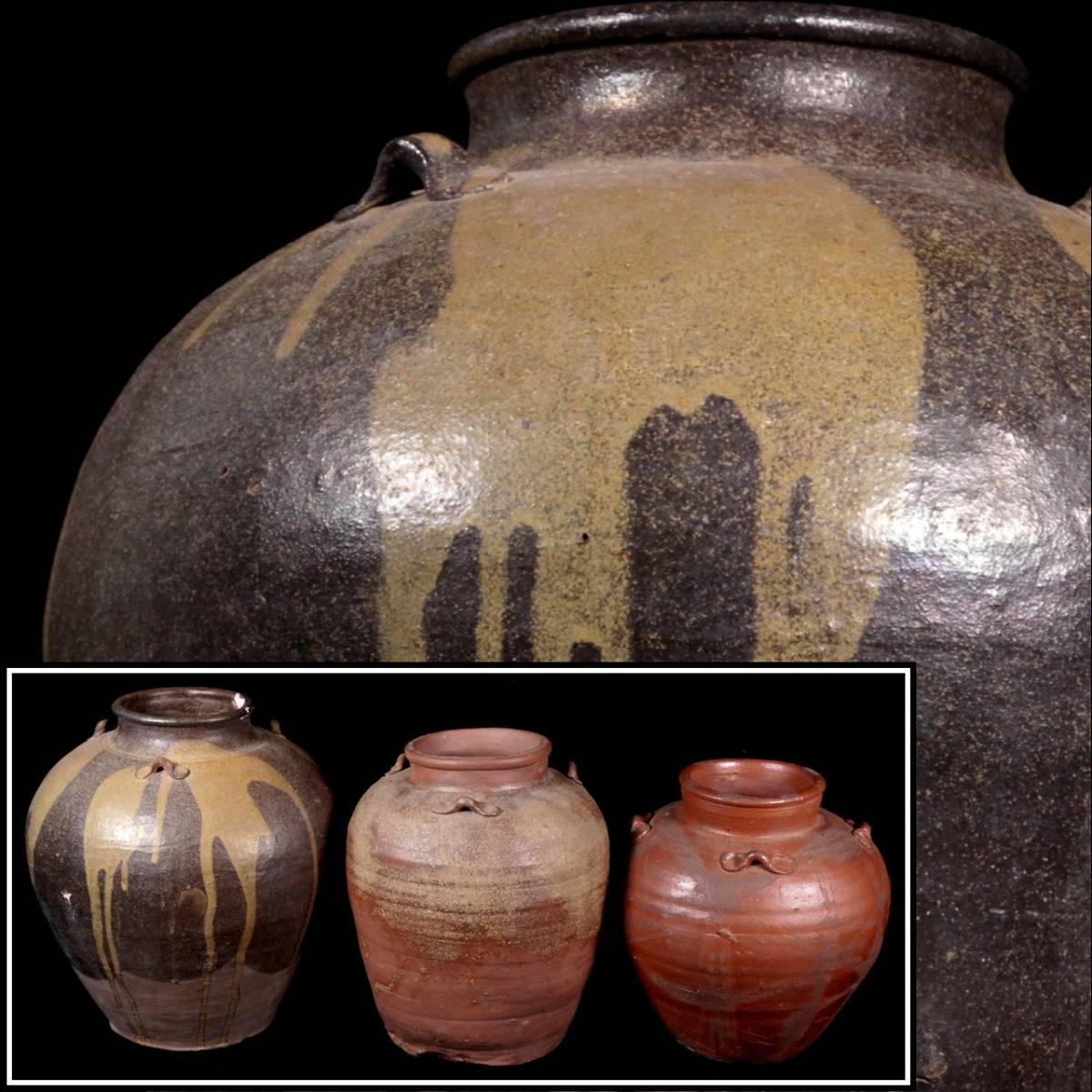 錵 時代 備前焼 壷 3点纏めて 三耳 四耳 唐物骨董 O260