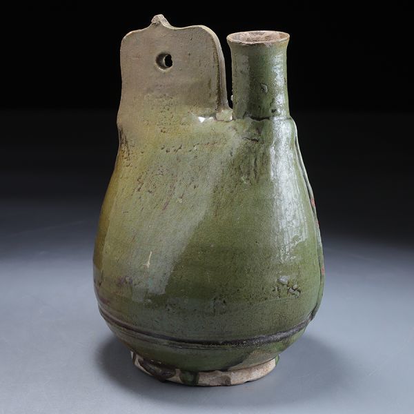 S799. 中国古玩 遼時代 緑釉皮嚢壺 高25.8cm / 陶器陶芸古美術時代花器