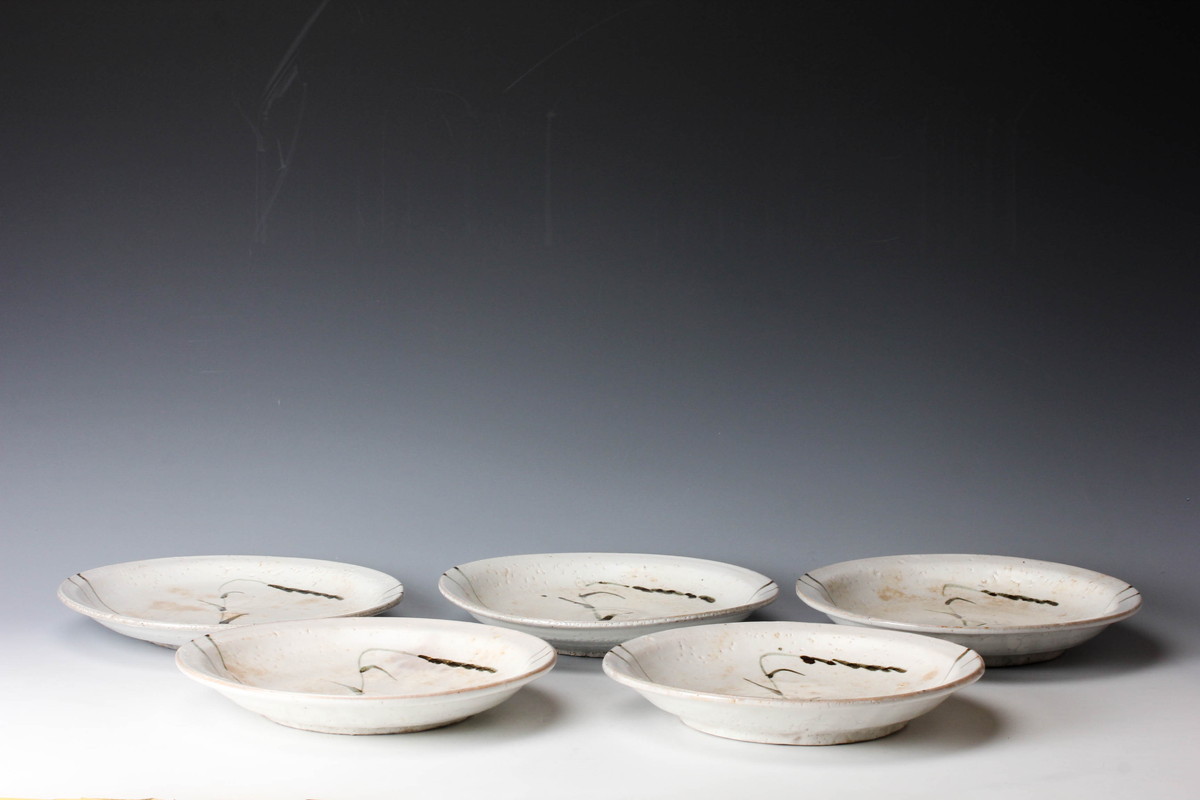 水月窯 虎渓山 粉吹風中皿 五客 共箱 本物保証 茶道具