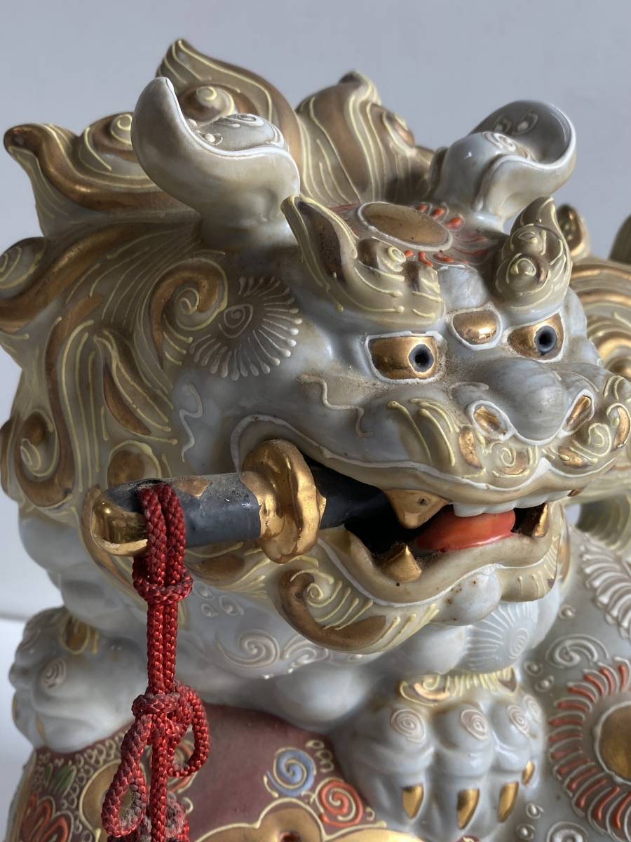 ⑦◇玉獅子◇九谷焼 金彩 陶器 焼物 狛犬 高さ約31cm シーサー 魔除け