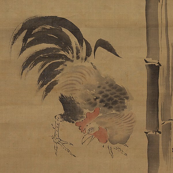 模写】□掛軸〈狩野探幽〉親子鶏図 双幅 合せ箱 印譜資料画像在□(花鳥