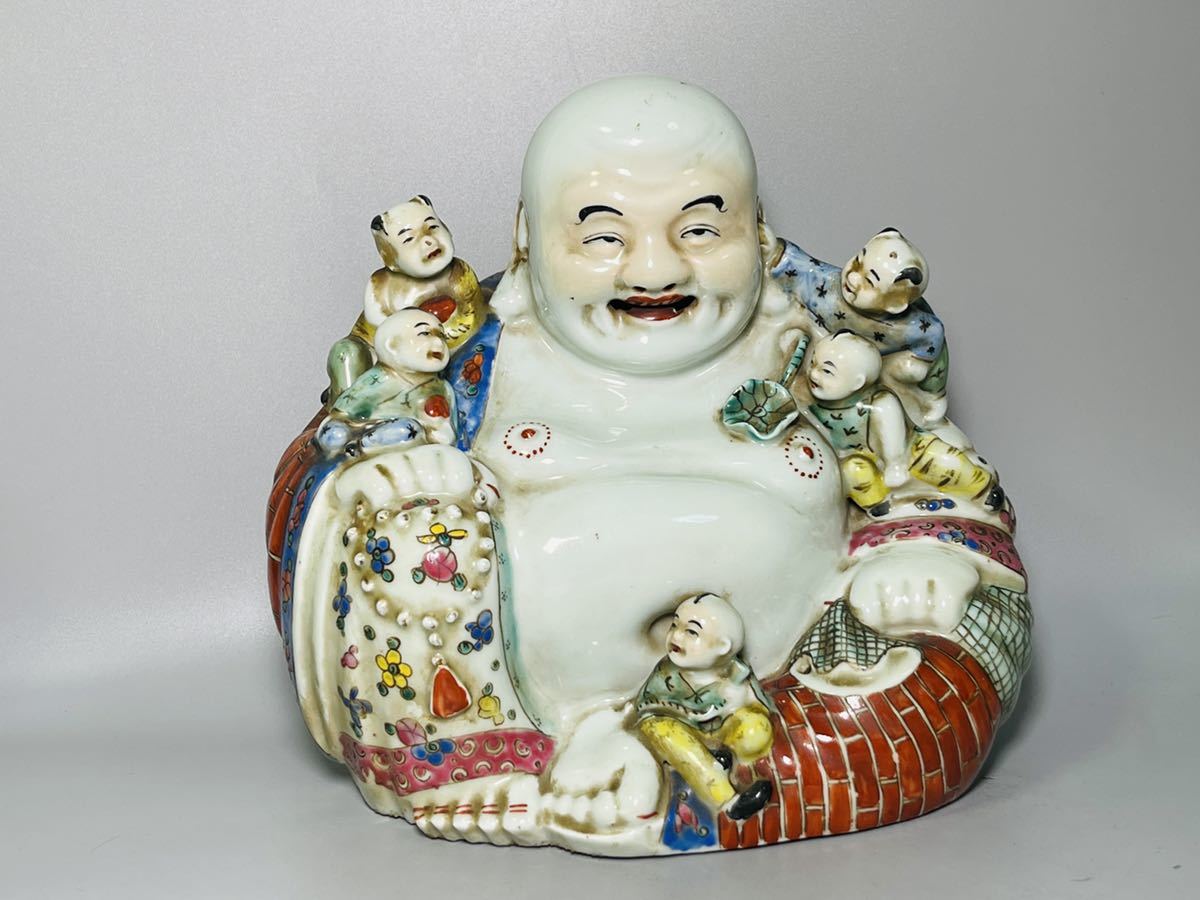 民国 紫砂布袋和尚 置物　茶道具　骨董品　唐物 中国古美術(F-178) 中国 粉彩民国 江西 茂生記造 在銘 弥勒佛布袋和尚 サイズ約24×15×h24