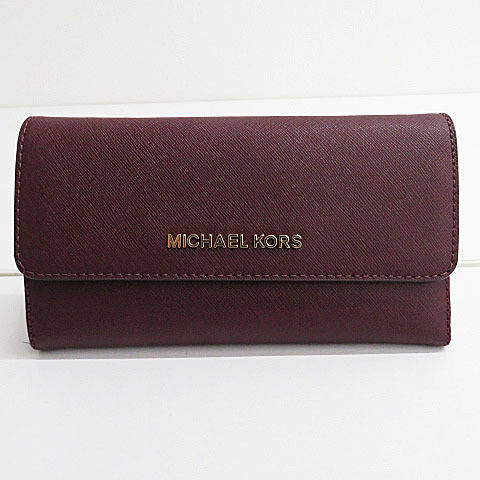 【極美品・即決】MICHAEL KORS マイケルコース 三つ折り 長財布 レザー カード18枚収納 ボルドー レディース 財布 [W6611]