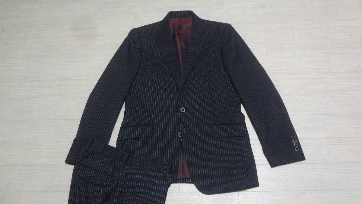 美品175cmW83cm size03★Men'sBigiメンズビギ★秋冬物★美シルエット★上質2Bスリムスーツ/黒濃グレー織りストライプ★シングル２釦
