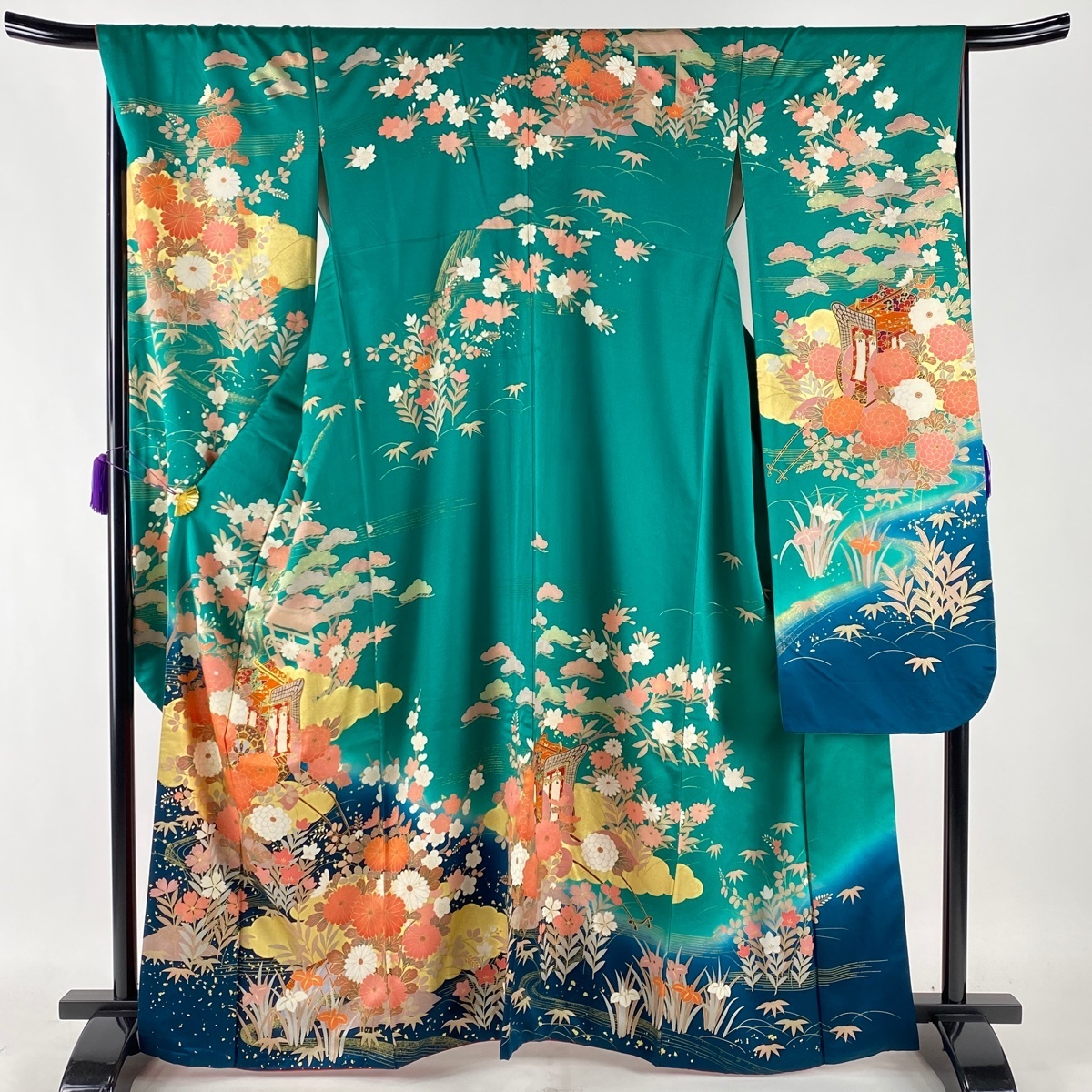 振袖 秀品 御所車 松竹梅 金糸 金彩 緑 袷 163cm 69cm L 正絹 【中古】