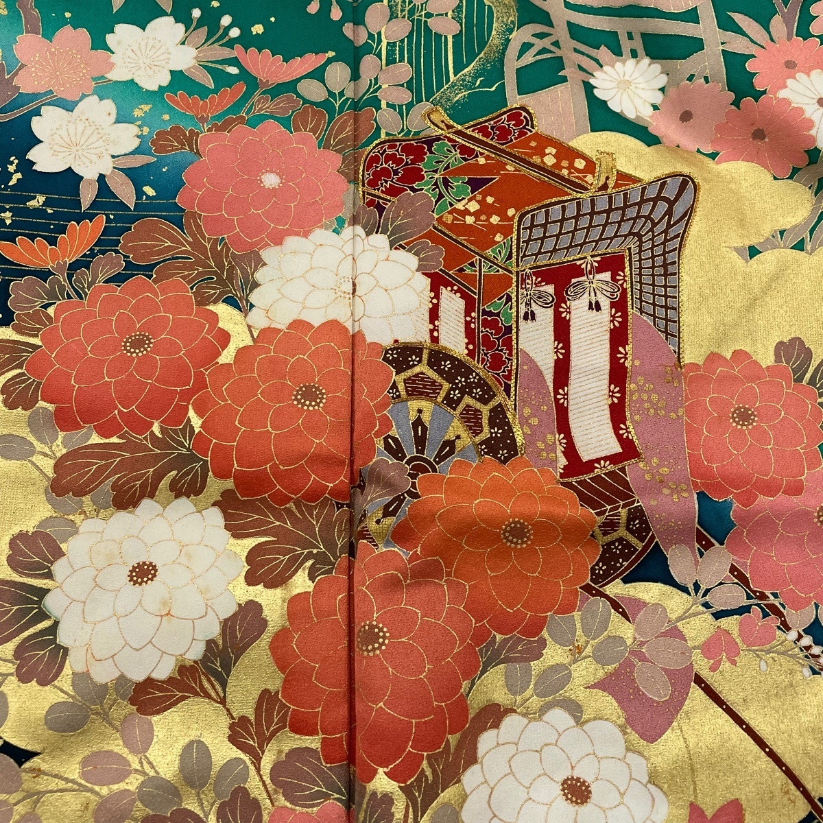 振袖 秀品 御所車 松竹梅 金糸 金彩 緑 袷 163cm 69cm L 正絹 【中古】