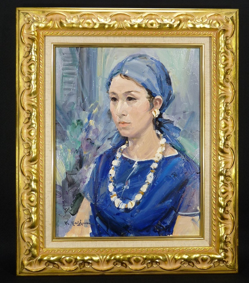 女性の油絵　青系 OS》【真作】富山県出身 日展評議員 藤森兼明 真筆 「若い女」 油彩画