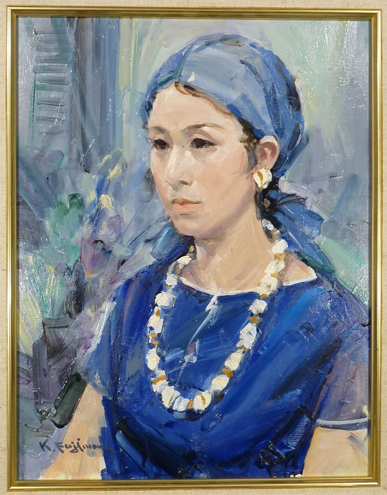 OS》【真作】富山県出身 日展評議員 藤森兼明 真筆 「若い女」 油彩画