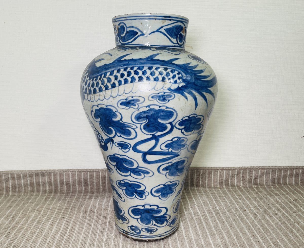 李朝 染付雲龍文大壺 特大 高さ約51.4cm 重さ約12.2kg 染付雲龍図 李氏