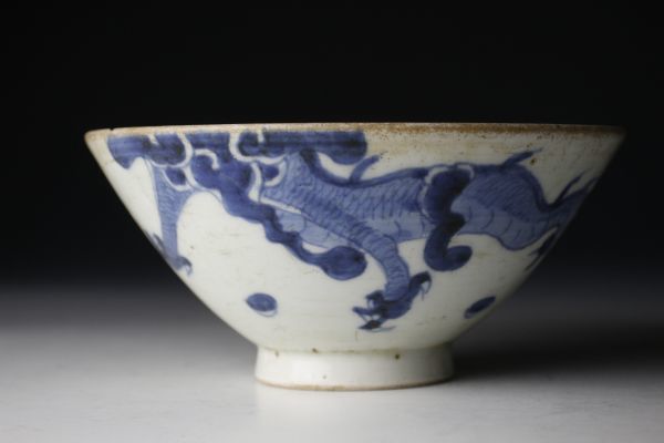 LIG】中国美術 清朝期 古染付 雲龍図 茶碗 14.5㎝ 時代箱 茶道具 時代