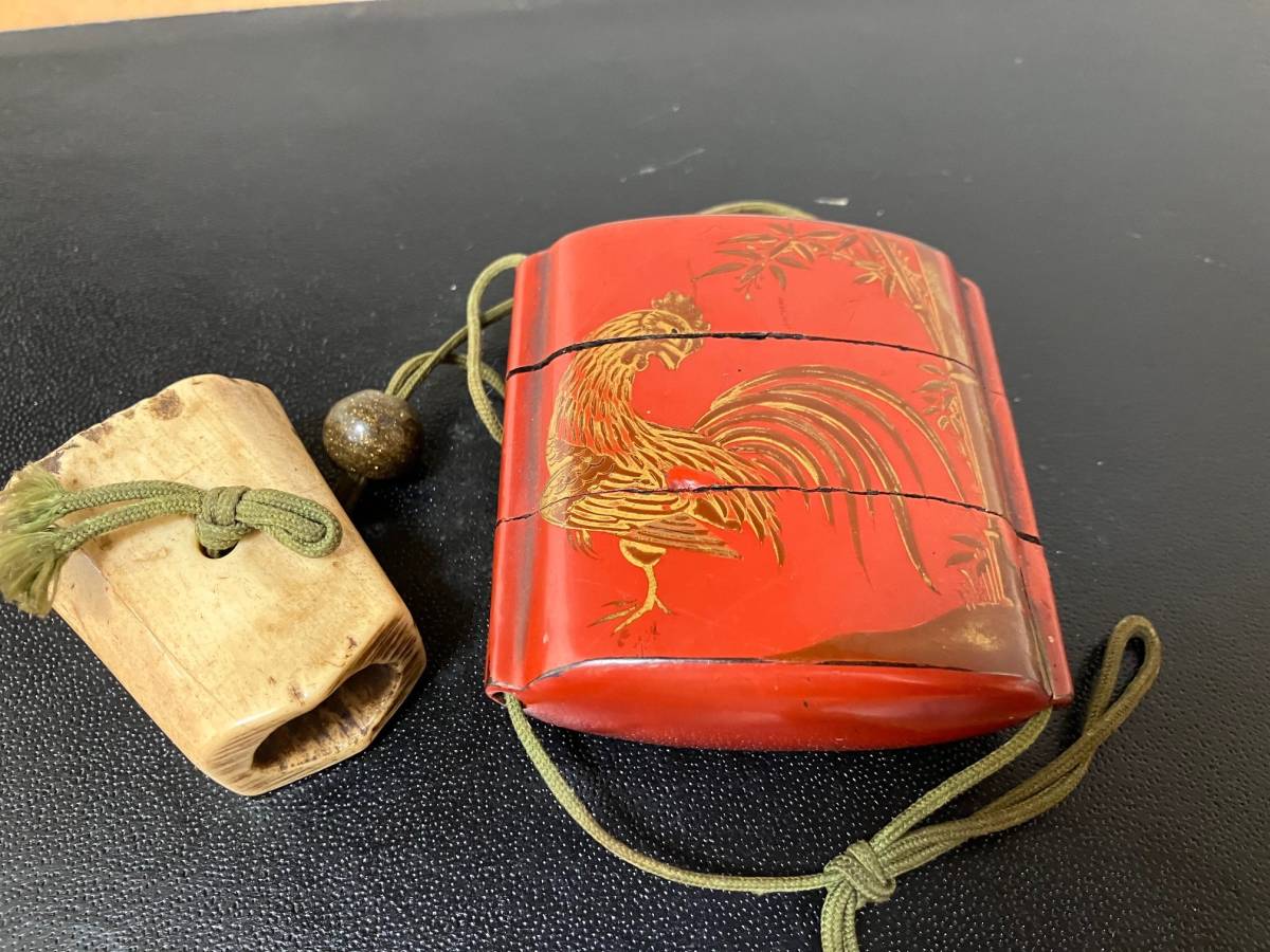 根付け 骨董 根付 - 印籠 骨董 時代物 古好屋 龍根付朱氏木製腰提印籠