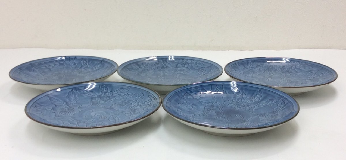 未使用品】有田焼 肥前 哲三郎窯 花鳥図 中皿 5枚セット 直径：約18.5