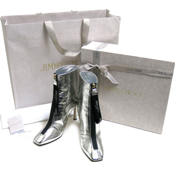 新品 JIMMY CHOO MACEL100 フロントジップ ショートブーツ size38 シルバー ジミー チュウ ブーツ ブーティ