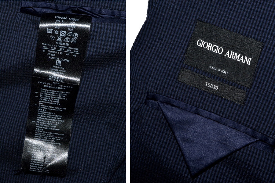Armani Giorgio Eau Sealed 2.5 new 【未使用品】定価398，000円程 GIORGIO ARMANI ジョルジオアルマーニ TOKYO 伊製 高級サマースーツ 48（Mサイズ程度）細身 ネイビー 7412