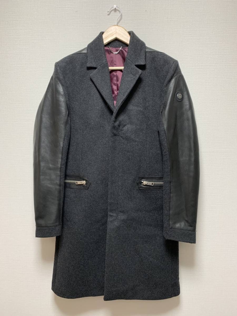 美品☆[DIESEL] 袖レザー切替 ウールチェスターコート M グレー 牛革