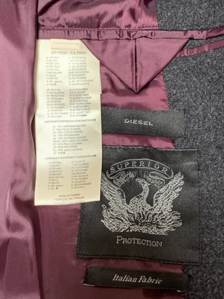 美品☆[DIESEL] 袖レザー切替 ウールチェスターコート M グレー 牛革