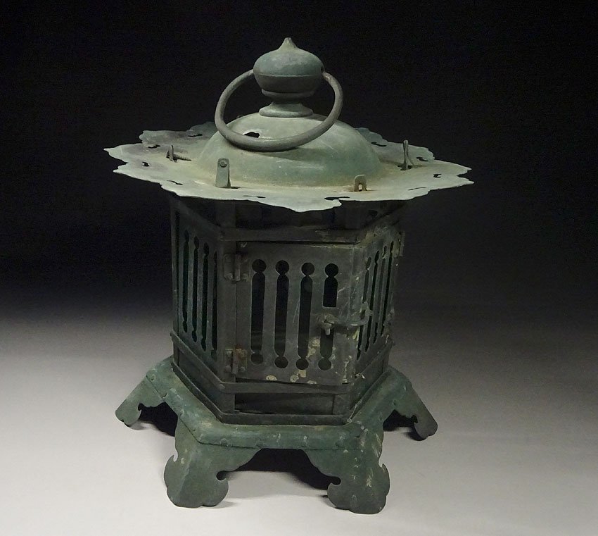 吊灯籠 時代物 灯篭 燈篭 青銅 燈籠 銅製 灯籠 UR617 重3.8 高30cm 六角形