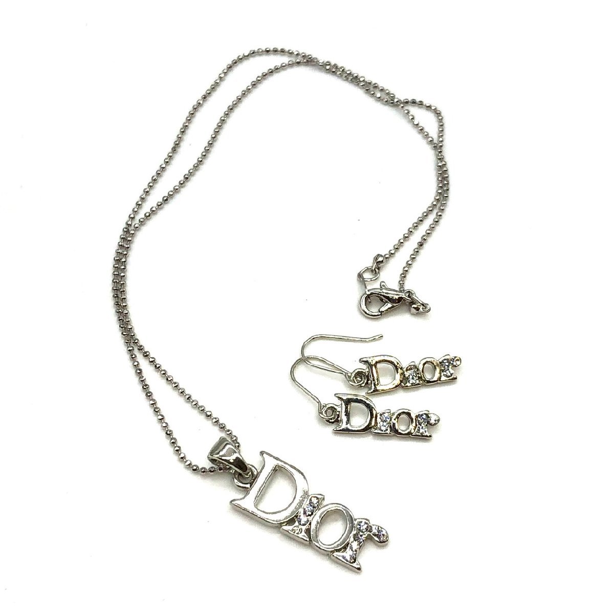 Dior ディオール ネックレス ピアス 2点セットラインストーン シルバー 