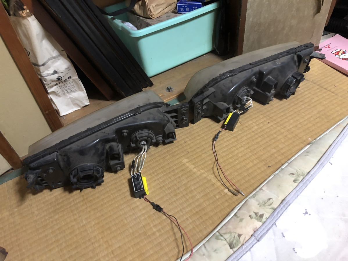 日産 S14 シルビア 純正 加工 ヘッドライト左右 加工用 予備 プロジェクター レッド イカリング ホワイト ブラックアウト風 シルビア S14 純正 左右セット!!本州は送料 加工品です 絶版