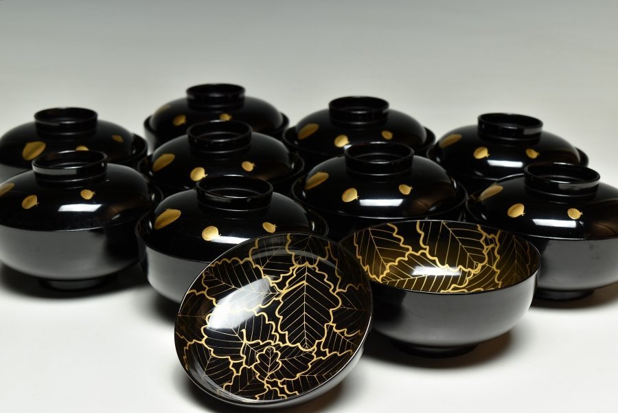 懐石道具 菓子椀 塗椀 吸物椀 漆器 木箱 十客 栗文蒔絵 菓子椀 煮物碗 蔵c9022a懐石道具 茶道具 箱付