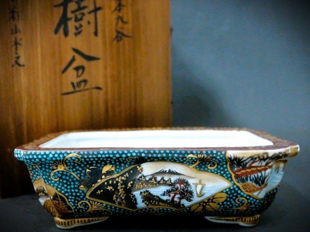 G813 F 未使用 盆栽鉢 「大日本九谷」 小品盆栽 和鉢 青粒 幅：約 