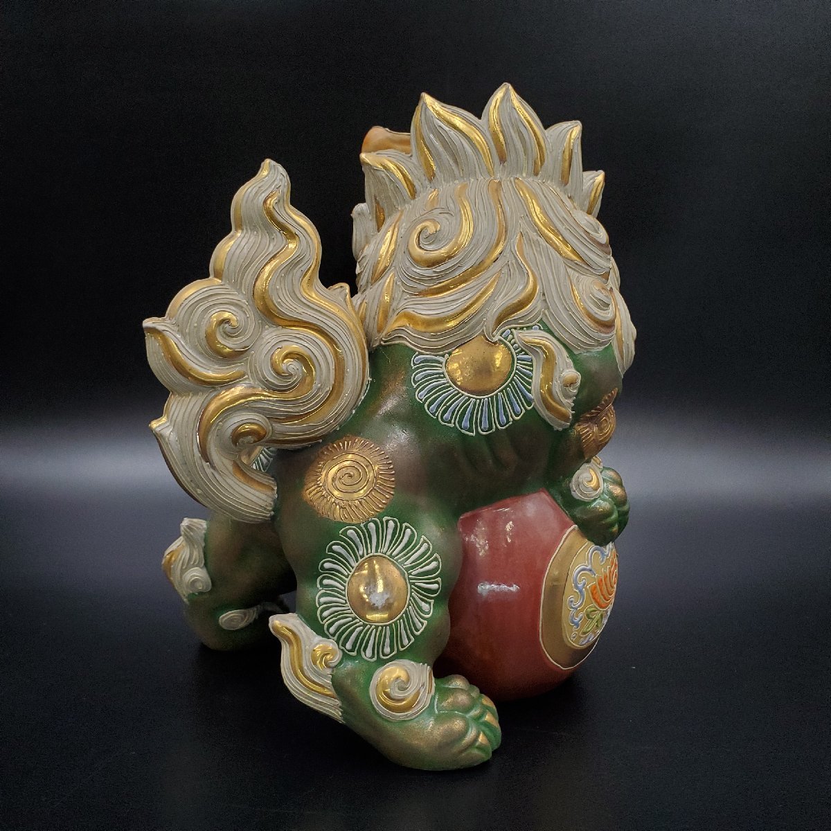 九谷焼 八幡釜 須栄義 獅子 龍玉 置物 床飾 縁起物 高さ35㎝ BK045