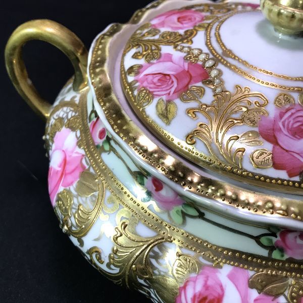 大！美品！1891初期オールドノリタケ金盛薔薇ビスケット入れ オールドノリタケ 金盛薔薇文バスケット形花瓶 敬誠アート [ 公式